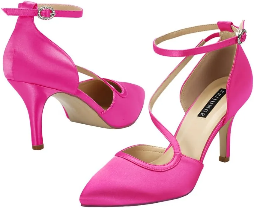 ERIJUNOR Women Comfortable Mid Heel Ankle Strappy Dress Pumps Pointed Toe Satin Wedding Evening Party Shoes