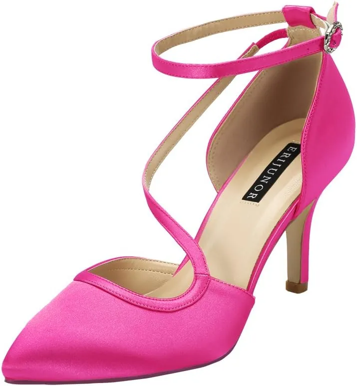 ERIJUNOR Women Comfortable Mid Heel Ankle Strappy Dress Pumps Pointed Toe Satin Wedding Evening Party Shoes