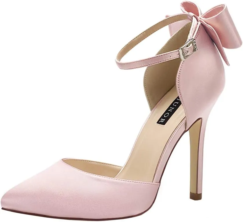 ERIJUNOR Women High Heel Bow Ankle Strap Evening Party Dance Wedding Satin Shoes