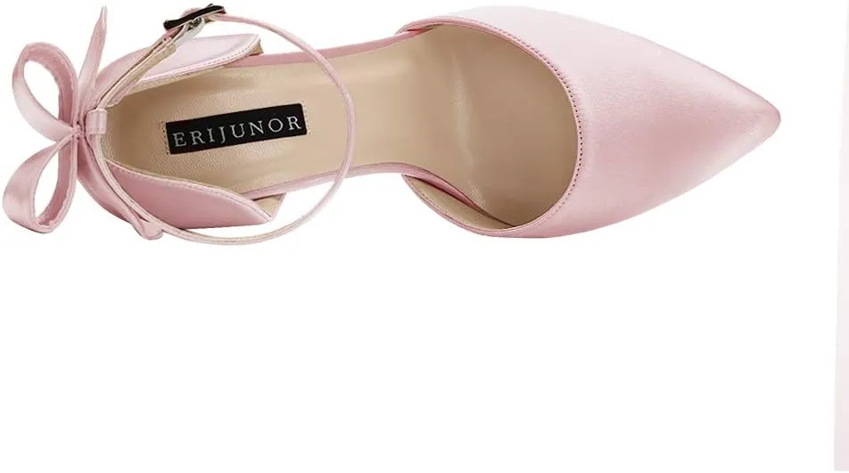 ERIJUNOR Women High Heel Bow Ankle Strap Evening Party Dance Wedding Satin Shoes