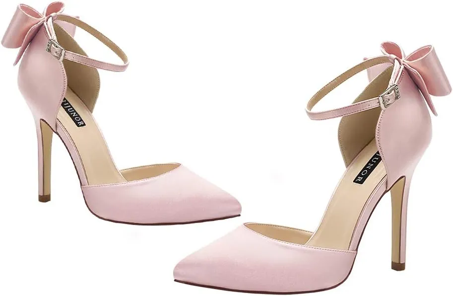 ERIJUNOR Women High Heel Bow Ankle Strap Evening Party Dance Wedding Satin Shoes