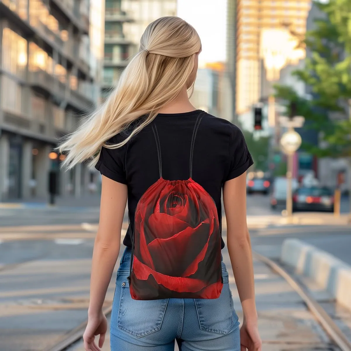Erosebridal Sport Gym Red Rose Drawstring Backpack,Romantic Floral Red and Black Drawstring Bags for Swim Yoga Traveling,Valentine String Backpack,Rose Flower Draw String Back Bag,13x15.7