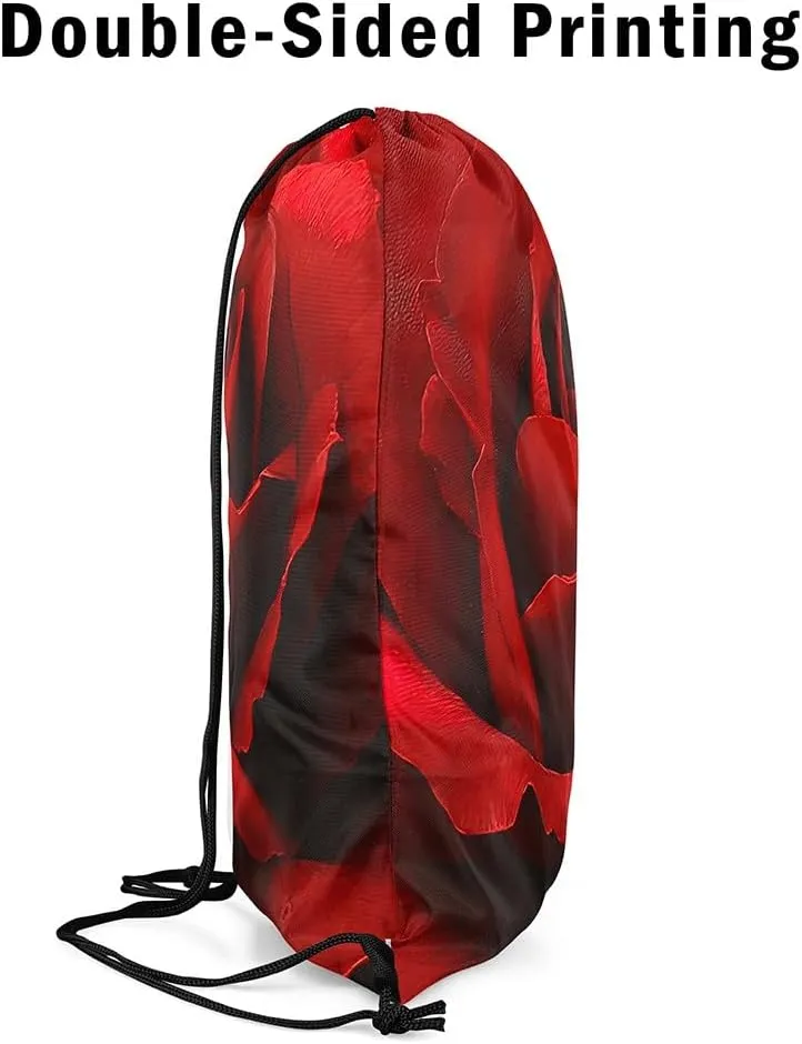 Erosebridal Sport Gym Red Rose Drawstring Backpack,Romantic Floral Red and Black Drawstring Bags for Swim Yoga Traveling,Valentine String Backpack,Rose Flower Draw String Back Bag,13x15.7