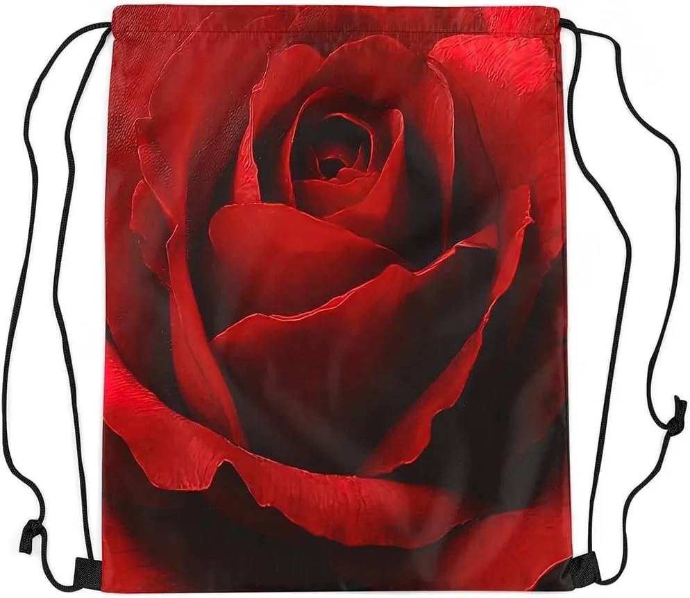 Erosebridal Sport Gym Red Rose Drawstring Backpack,Romantic Floral Red and Black Drawstring Bags for Swim Yoga Traveling,Valentine String Backpack,Rose Flower Draw String Back Bag,13x15.7