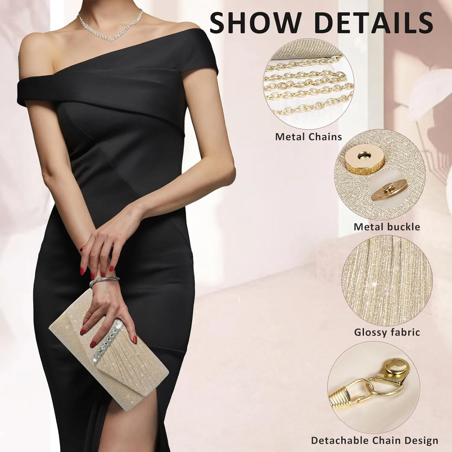 Evening Bag Clutch Purses for Women Wedding Bag Sparkling Party Handbag with Detachable Chain