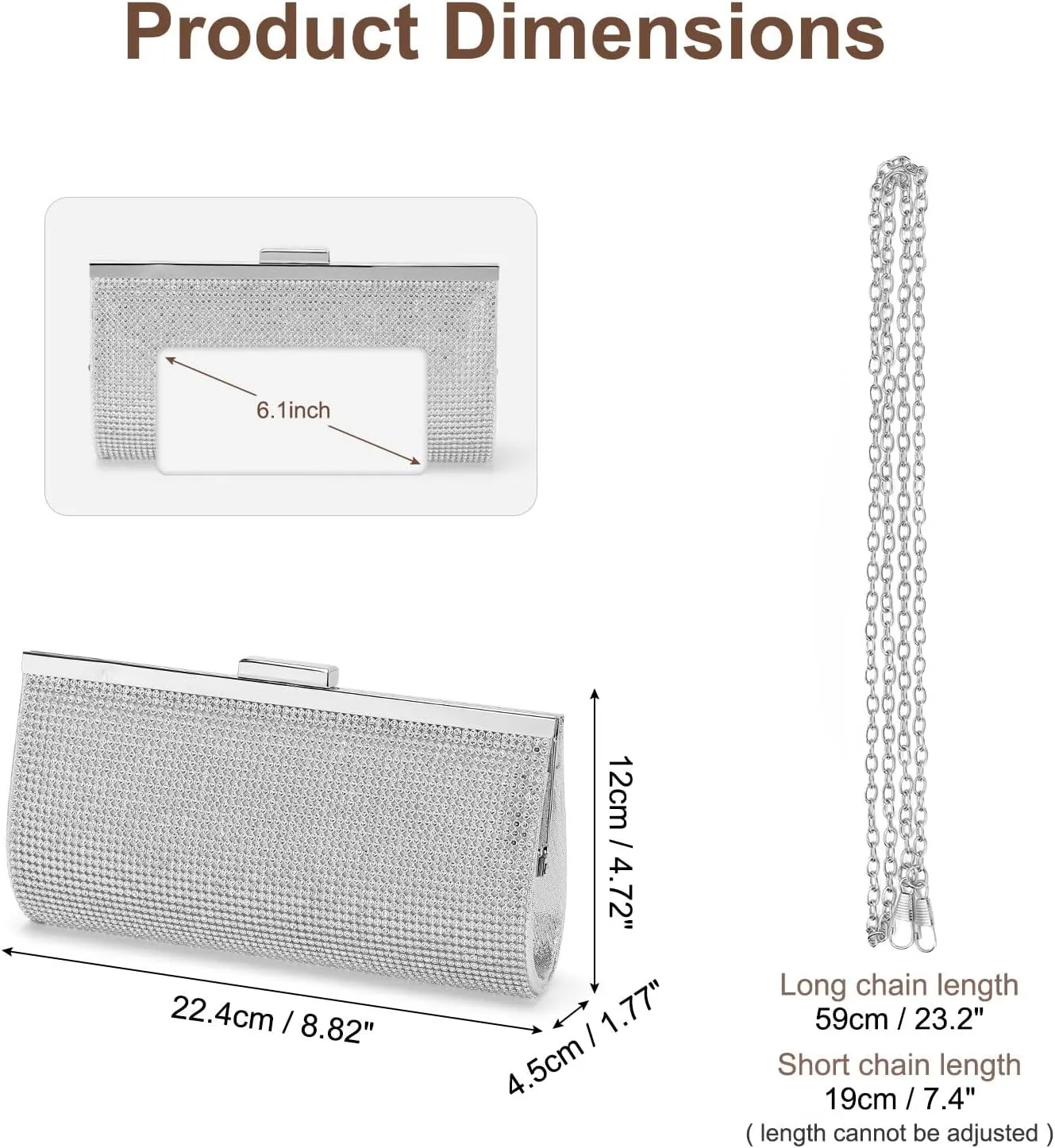 Evening Bags Clutch Purses for Women Formal, Crystal Rhinestone Purse Handbag Crossbody Bag with Chain Shoulder Bag Sparkly for Wedding Guest Party Silver Silver