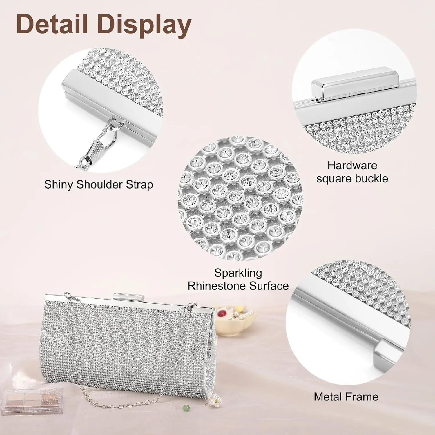 Evening Bags Clutch Purses for Women Formal, Crystal Rhinestone Purse Handbag Crossbody Bag with Chain Shoulder Bag Sparkly for Wedding Guest Party Silver Silver