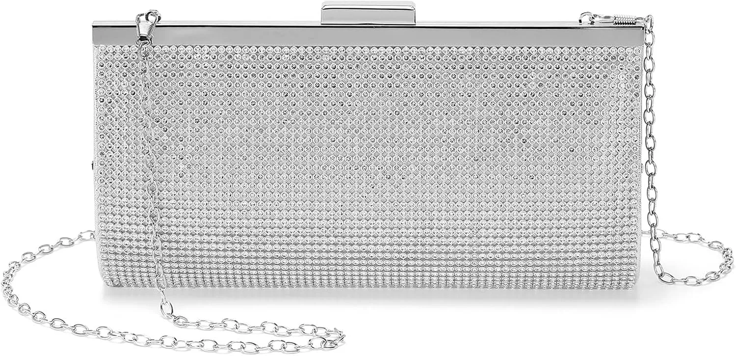 Evening Bags Clutch Purses for Women Formal, Crystal Rhinestone Purse Handbag Crossbody Bag with Chain Shoulder Bag Sparkly for Wedding Guest Party Silver Silver