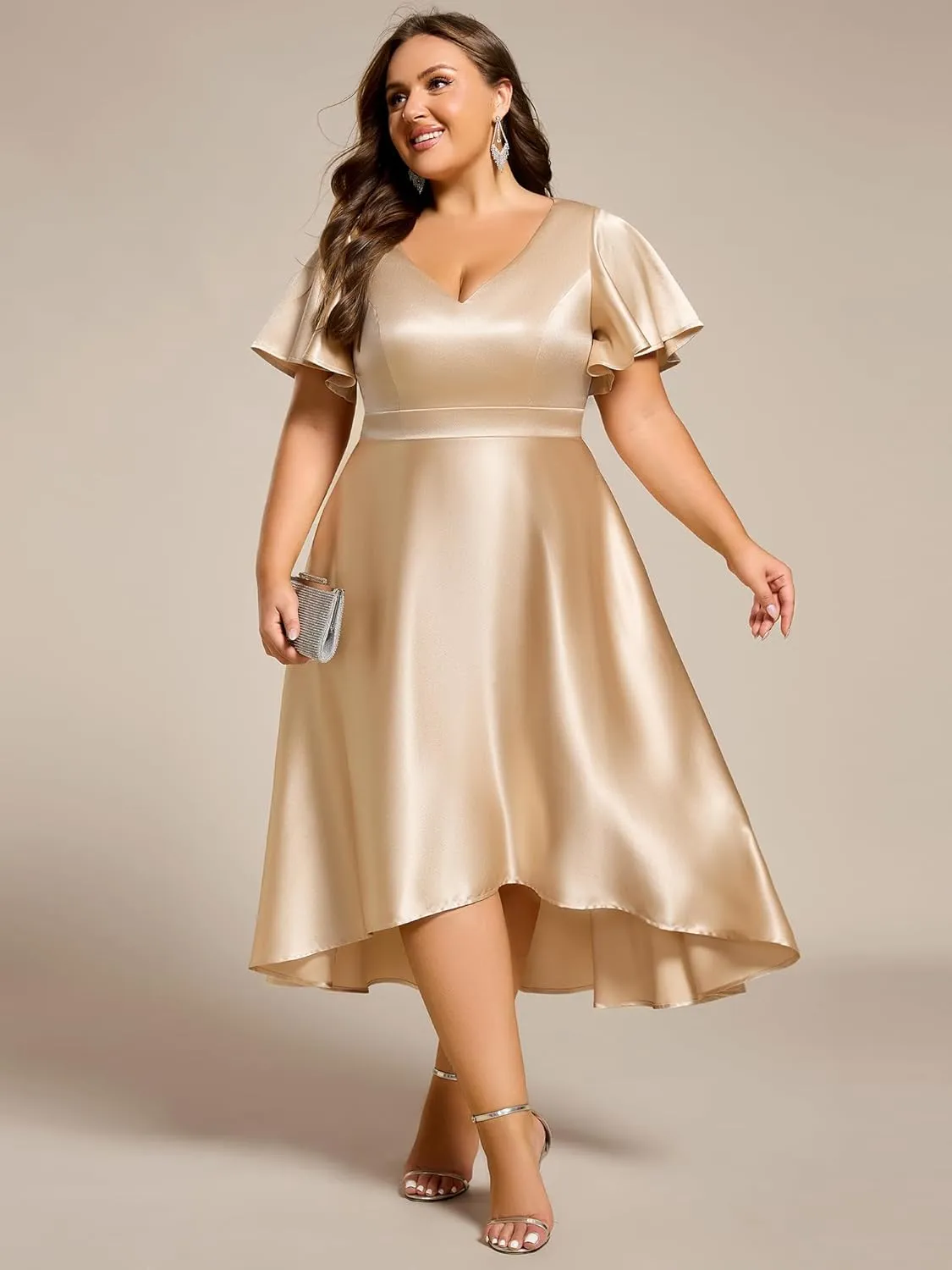 Ever-Pretty Summer V Neck Satin Short Sleeves Plus Size Formal Wedding Guest Dresses for Curvy Women with Pockets