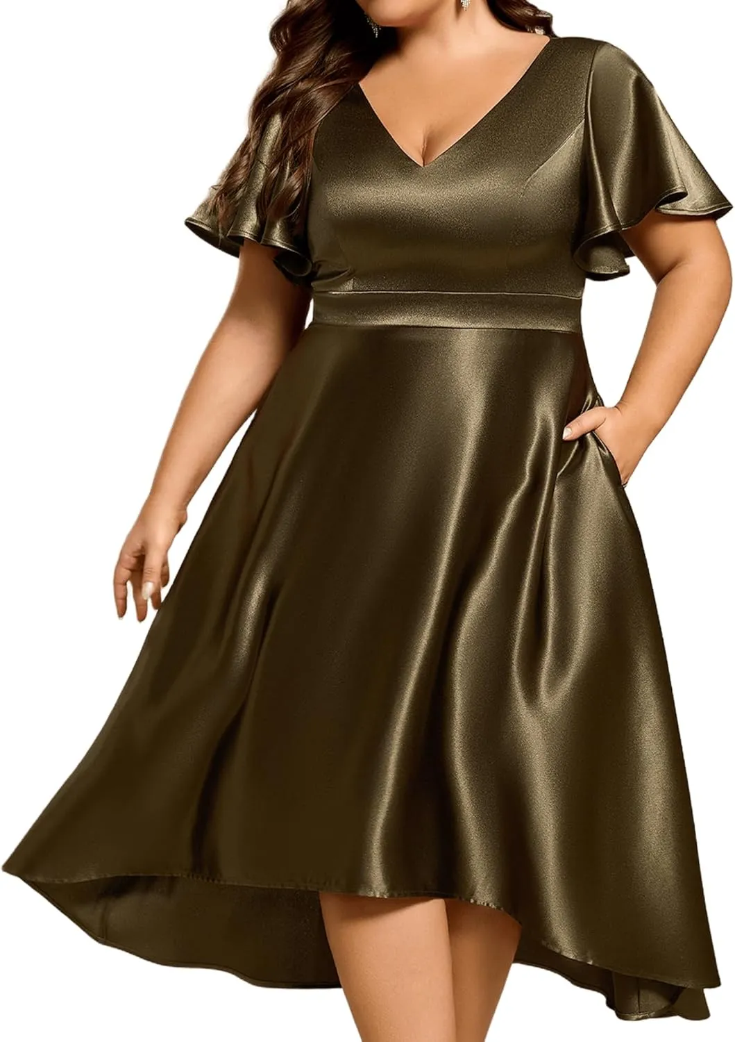 Ever-Pretty Summer V Neck Satin Short Sleeves Plus Size Formal Wedding Guest Dresses for Curvy Women with Pockets