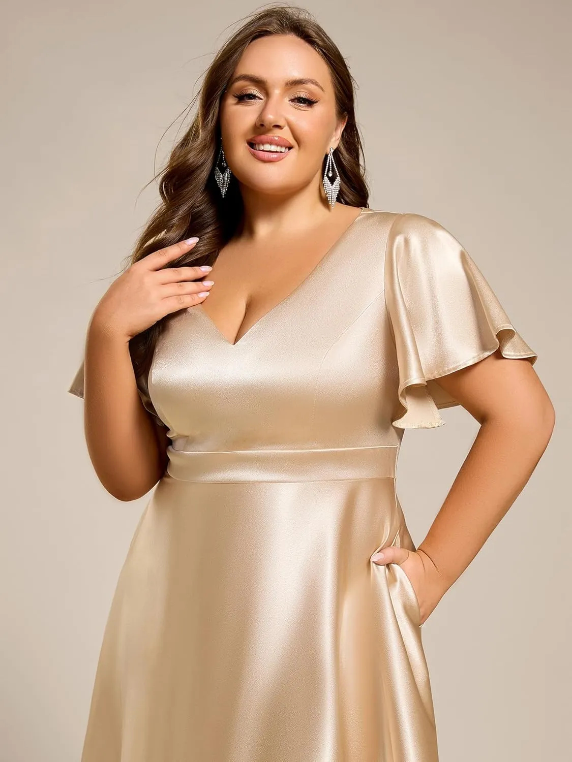 Ever-Pretty Summer V Neck Satin Short Sleeves Plus Size Formal Wedding Guest Dresses for Curvy Women with Pockets