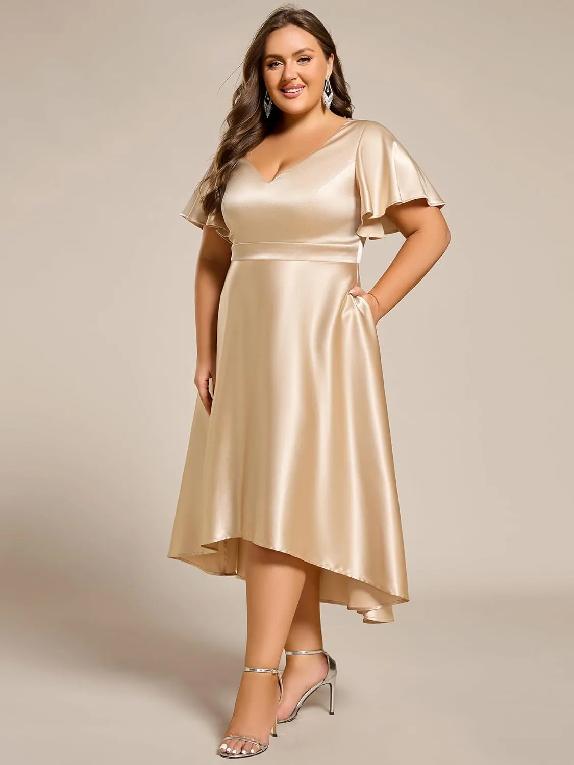 Ever-Pretty Summer V Neck Satin Short Sleeves Plus Size Formal Wedding Guest Dresses for Curvy Women with Pockets