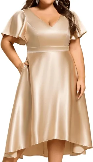Ever-Pretty Summer V Neck Satin Short Sleeves Plus Size Formal Wedding Guest Dresses for Curvy Women with Pockets