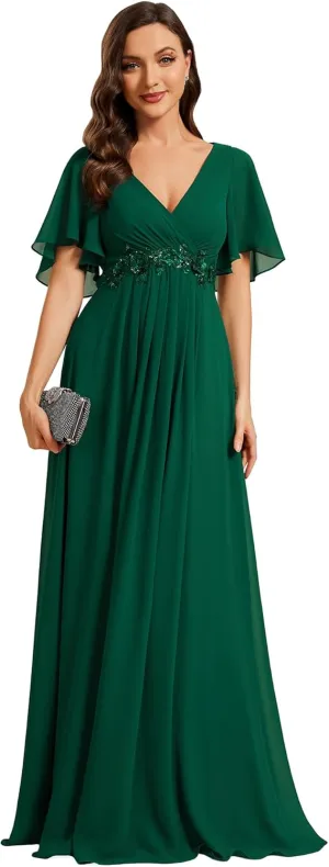 Ever-Pretty Women's Chiffon A-Line Ruched Short Sleeves Applique Waist V Neck Formal Dresses and Evening Gowns