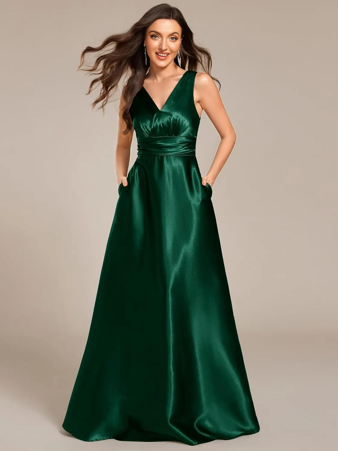 Ever-Pretty Women's Double-V-Neck Floor-Length Empire Waist Satin Formal Dress with Pockets 02326