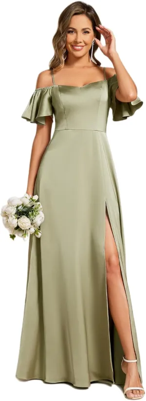 Ever-Pretty Women's Elegant Cold Shoulder Floor-Length A-Line Side Slit Satin Formal Dress 00437