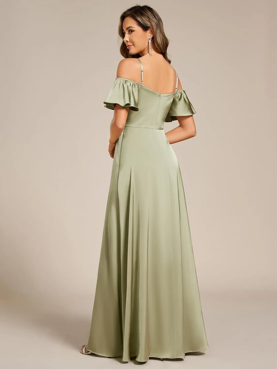 Ever-Pretty Women's Elegant Cold Shoulder Floor-Length A-Line Side Slit Satin Formal Dress 00437