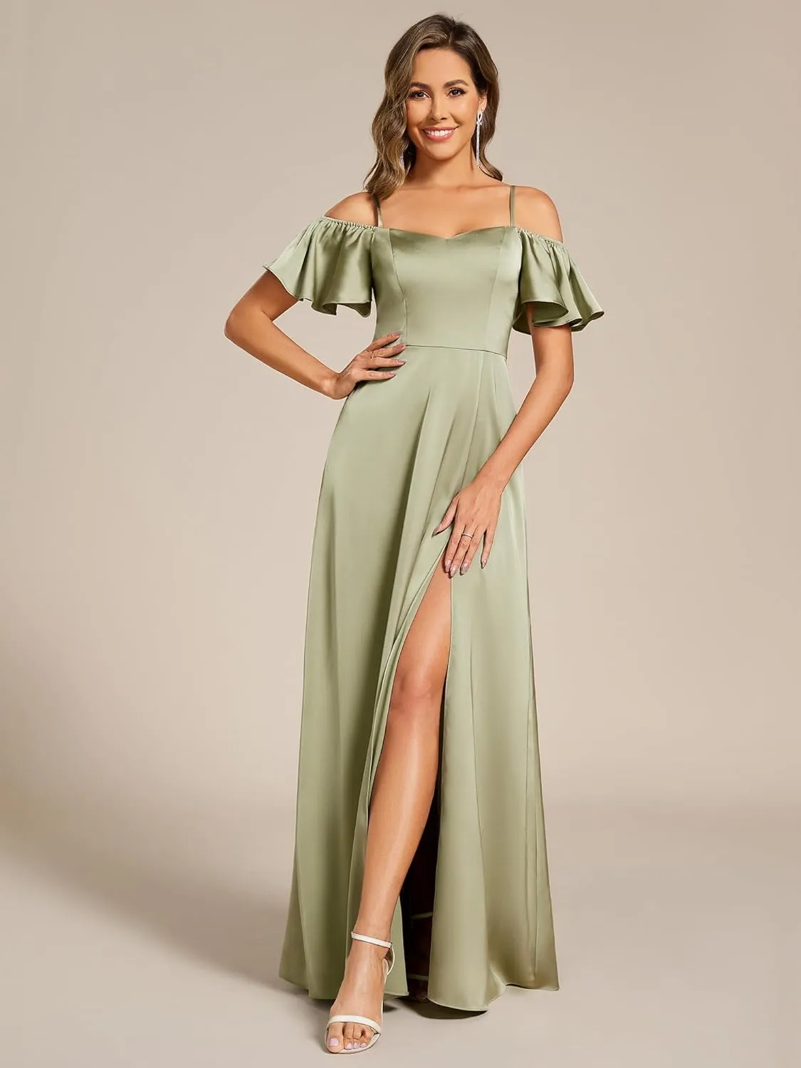 Ever-Pretty Women's Elegant Cold Shoulder Floor-Length A-Line Side Slit Satin Formal Dress 00437