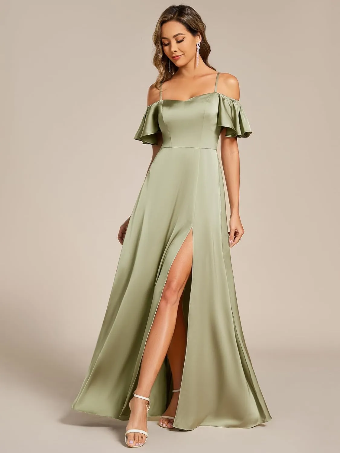 Ever-Pretty Women's Elegant Cold Shoulder Floor-Length A-Line Side Slit Satin Formal Dress 00437