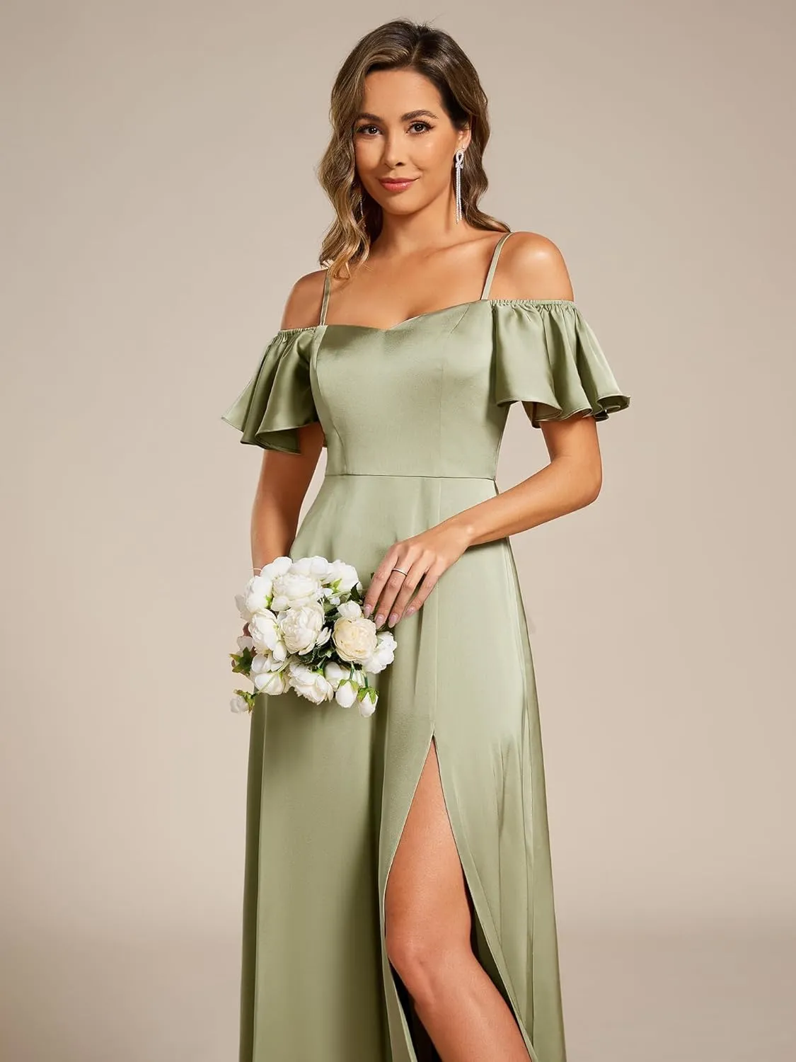 Ever-Pretty Women's Elegant Cold Shoulder Floor-Length A-Line Side Slit Satin Formal Dress 00437
