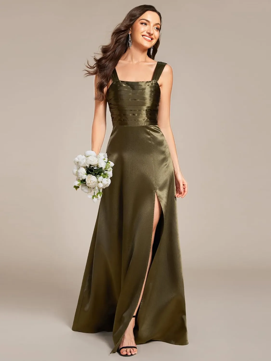 Ever-Pretty Women's Floor Length Split Satin Square Neck A Line Sleeveless Bridesmaid Dress 02330
