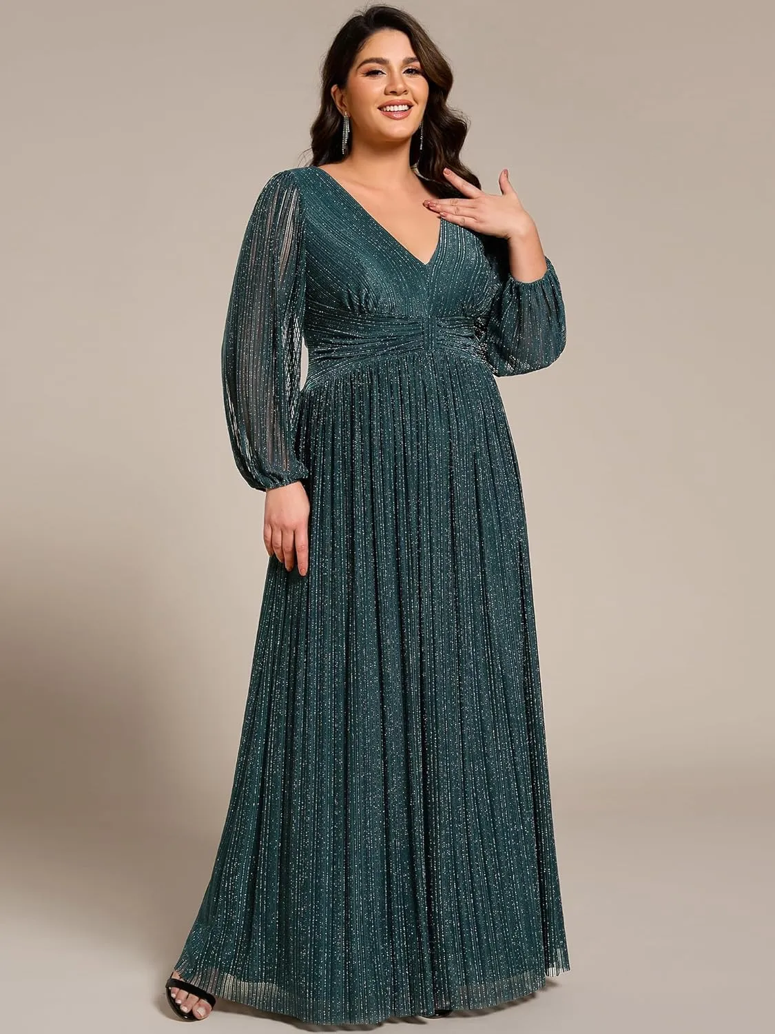 Ever-Pretty Women's Glitter Long Sleeves V Neck Pleated Empire Waist Floor Length Plus Size Ball Gown Formal Dresses 01961-DA