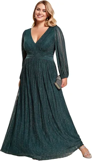 Ever-Pretty Women's Glitter Long Sleeves V Neck Pleated Empire Waist Floor Length Plus Size Ball Gown Formal Dresses 01961-DA