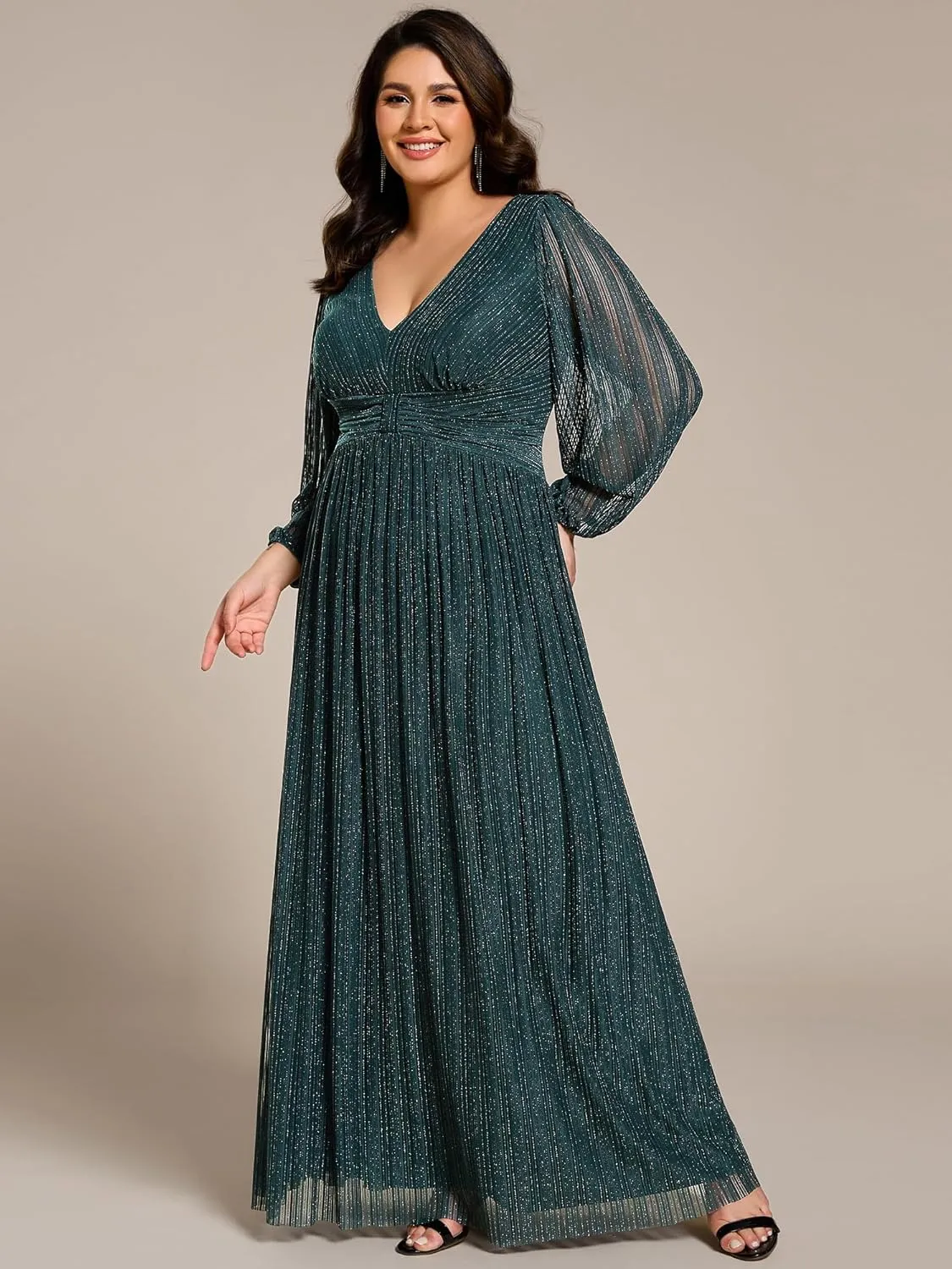 Ever-Pretty Women's Glitter Long Sleeves V Neck Pleated Empire Waist Floor Length Plus Size Ball Gown Formal Dresses 01961-DA