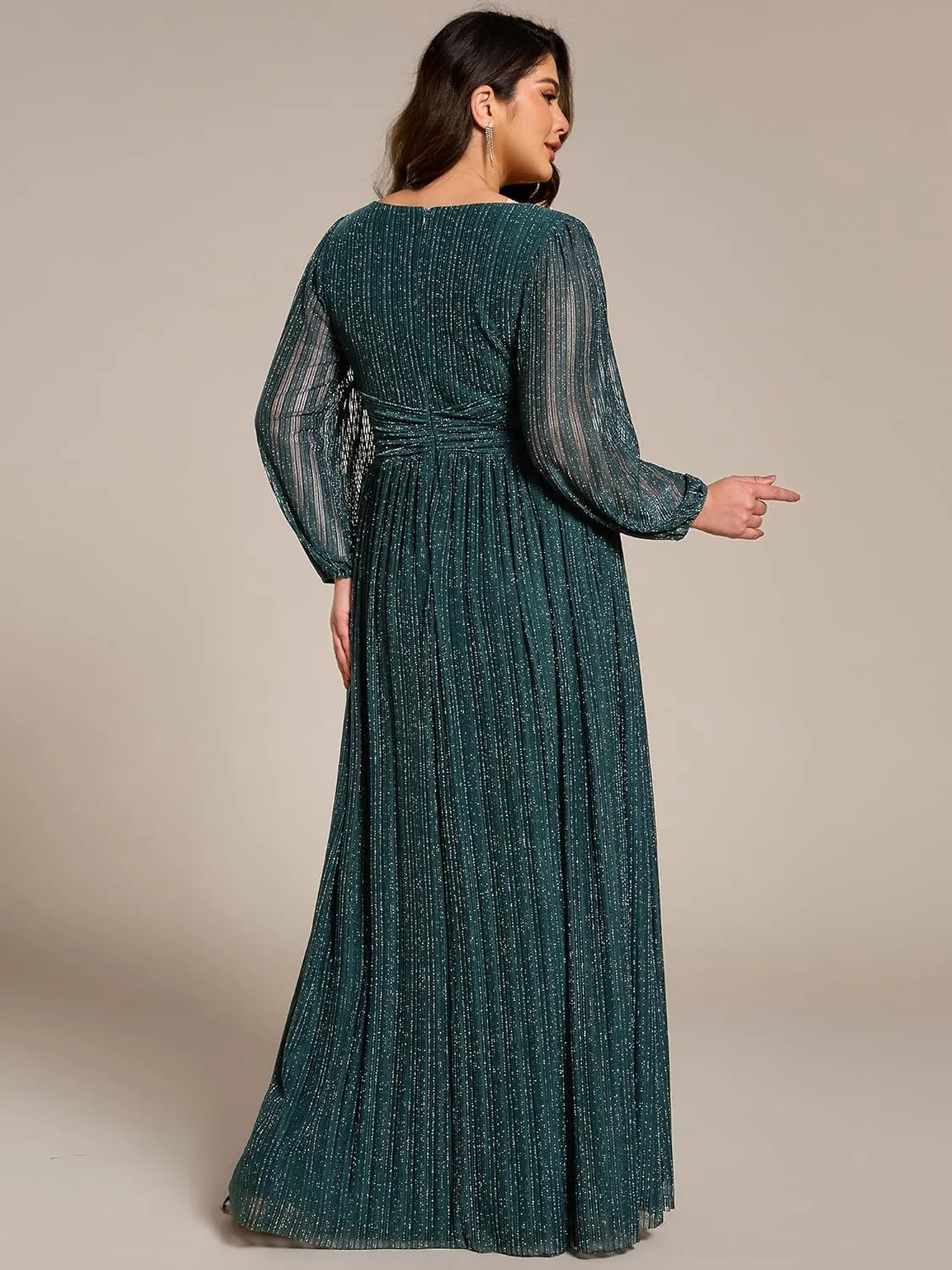 Ever-Pretty Women's Glitter Long Sleeves V Neck Pleated Empire Waist Floor Length Plus Size Ball Gown Formal Dresses 01961-DA