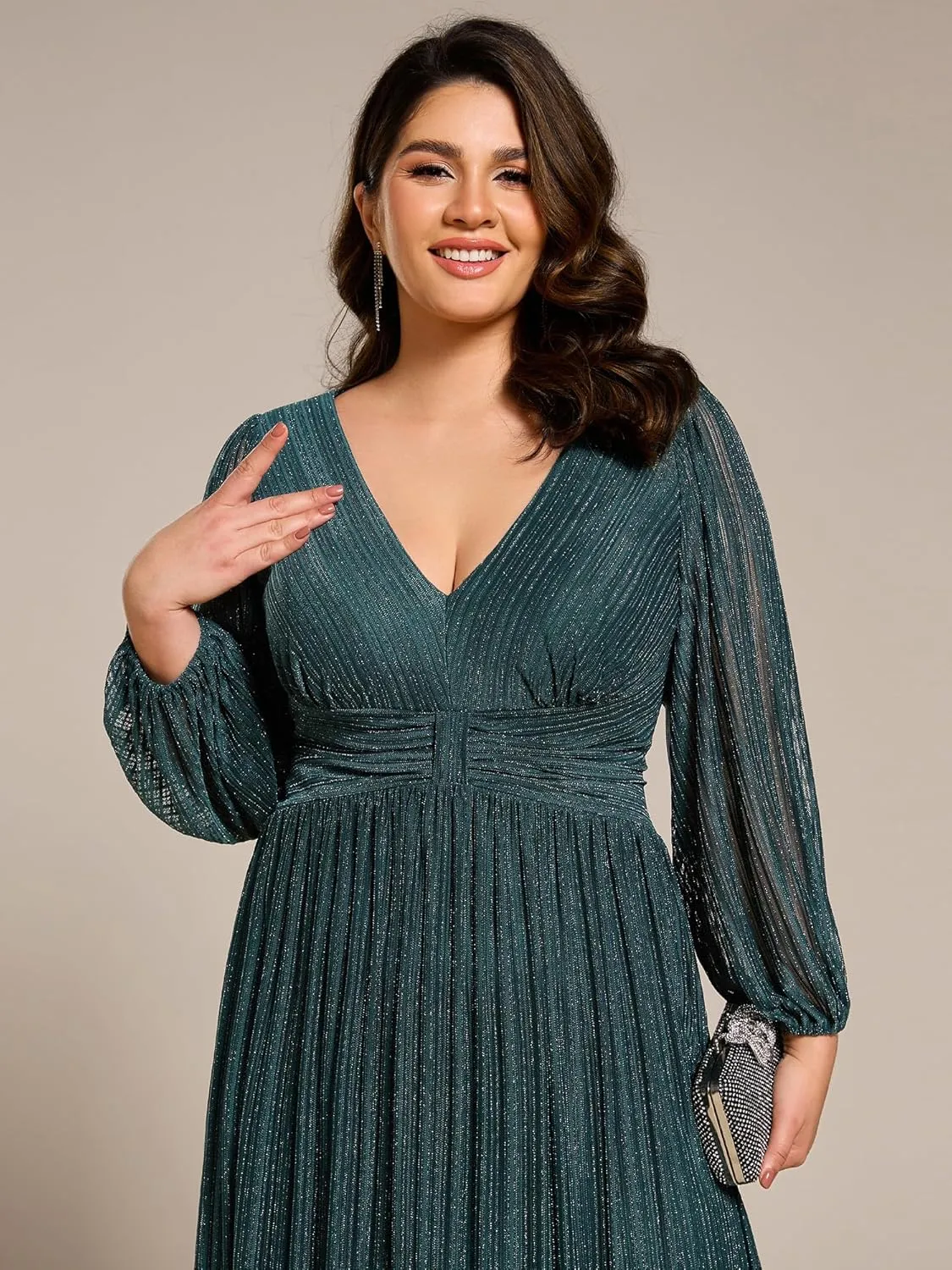 Ever-Pretty Women's Glitter Long Sleeves V Neck Pleated Empire Waist Floor Length Plus Size Ball Gown Formal Dresses 01961-DA