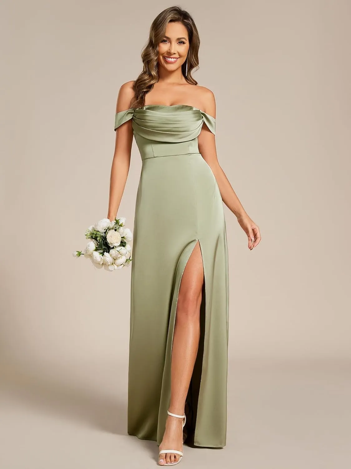 Ever-Pretty Women's Off-Shoulder Split Floor Length Pleated Backless Bandage Satin Prom Dress 02320