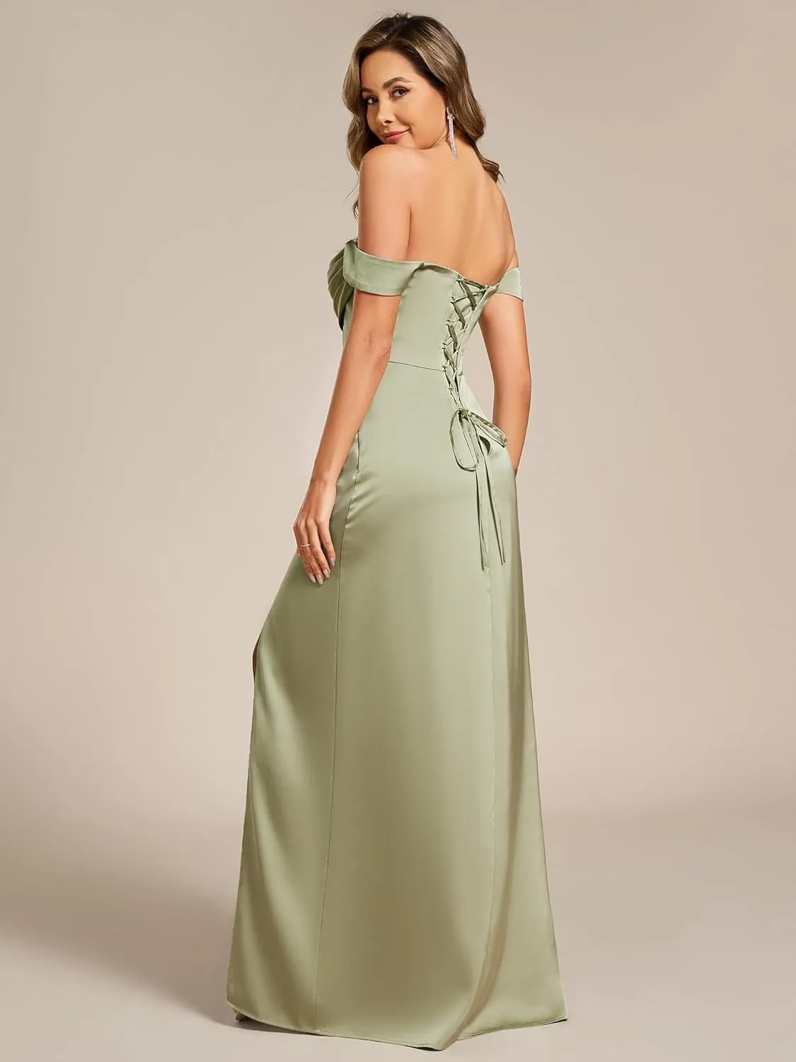 Ever-Pretty Women's Off-Shoulder Split Floor Length Pleated Backless Bandage Satin Prom Dress 02320