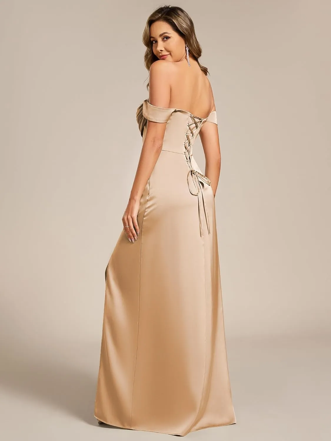 Ever-Pretty Women's Off-Shoulder Split Floor Length Pleated Backless Bandage Satin Prom Dress 02320