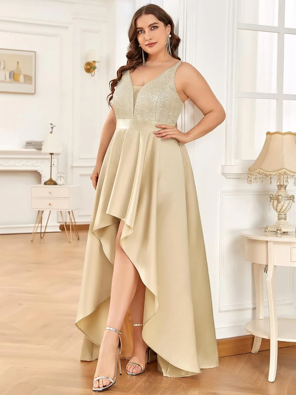 Ever-Pretty Women's Plus Size Sequin V-Neck High-Low A-line Evening Dress Prom Gowns 0667-PZUSA