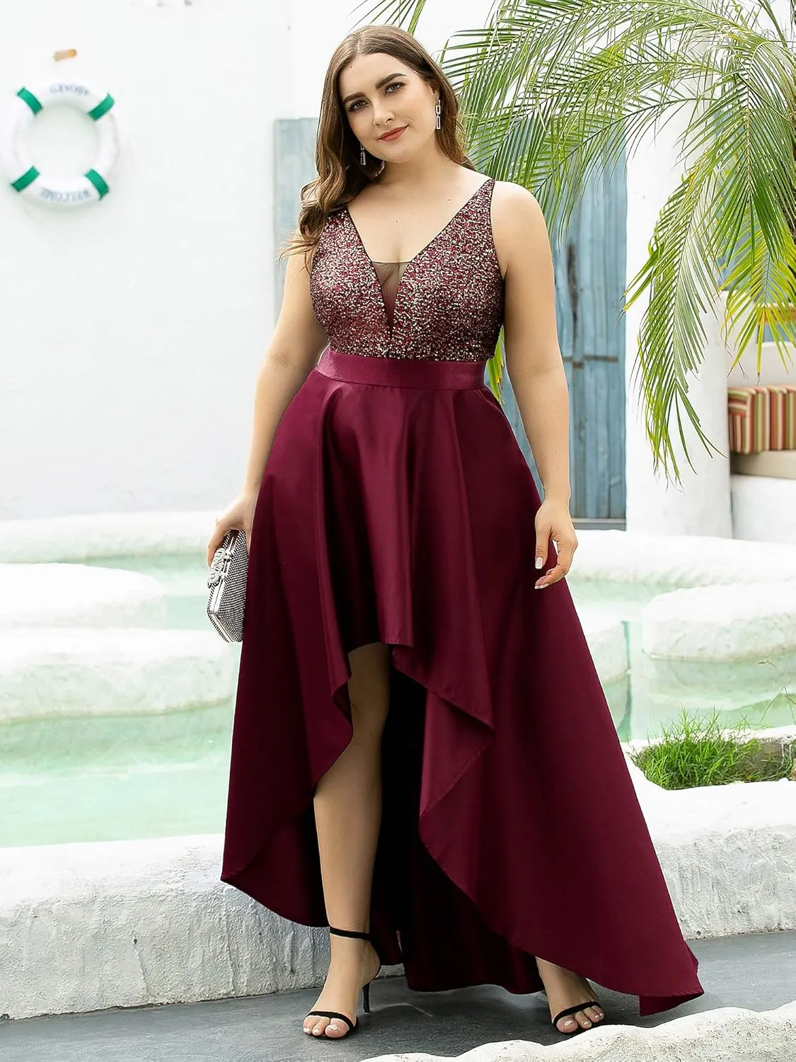 Ever-Pretty Women's Plus Size Sequin V-Neck High-Low A-line Evening Dress Prom Gowns 0667-PZUSA