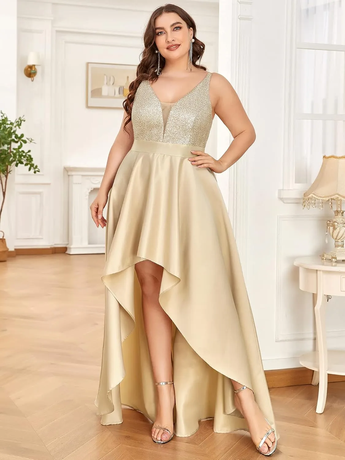 Ever-Pretty Women's Plus Size Sequin V-Neck High-Low A-line Evening Dress Prom Gowns 0667-PZUSA