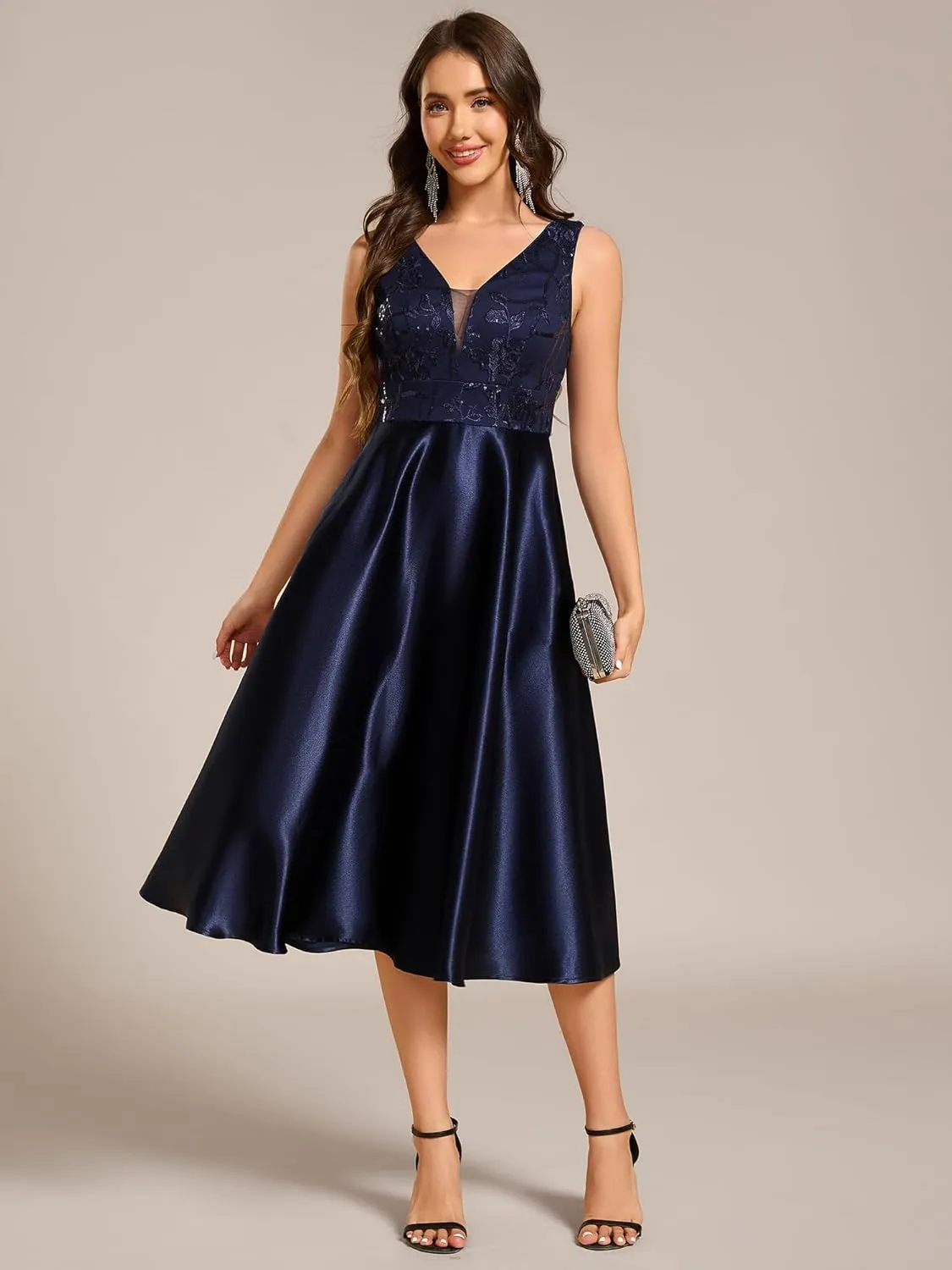 Ever-Pretty Women's Satin Sequin Appliques A Line Midi Length Wedding Guest Dress with Pockets 02341