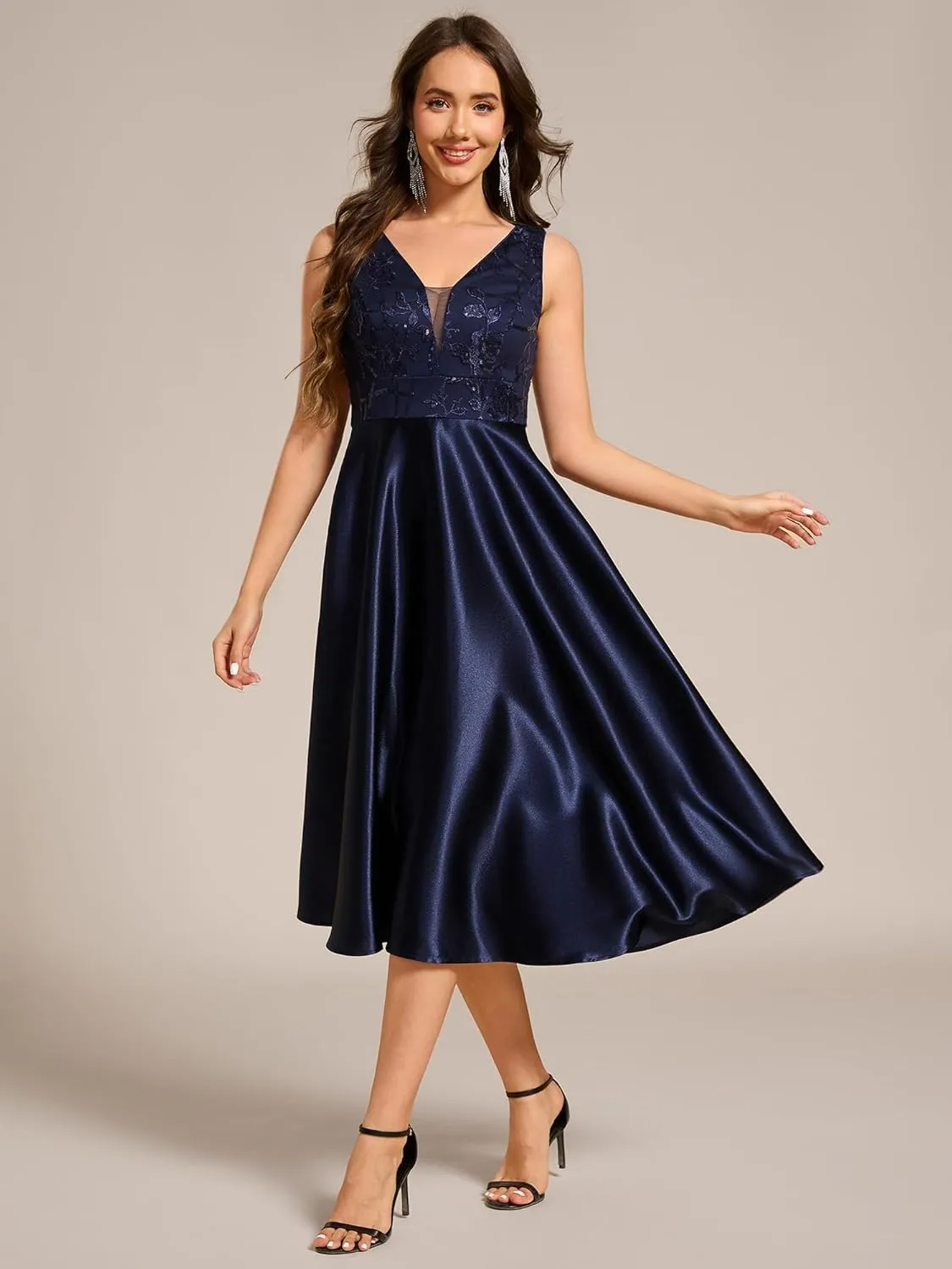 Ever-Pretty Women's Satin Sequin Appliques A Line Midi Length Wedding Guest Dress with Pockets 02341