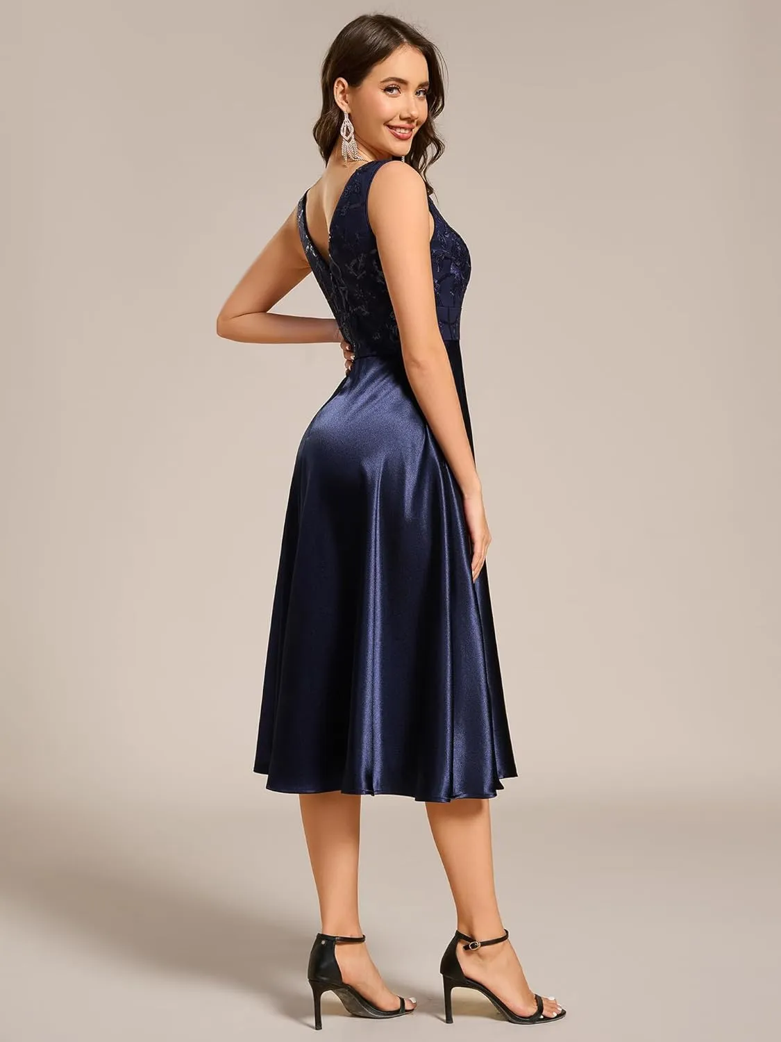 Ever-Pretty Women's Satin Sequin Appliques A Line Midi Length Wedding Guest Dress with Pockets 02341