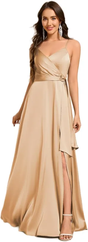 Ever-Pretty Women's Sexy Spaghetti Straps Ruched V Neck Floor Length Satin Formal Dress with Slit 02317