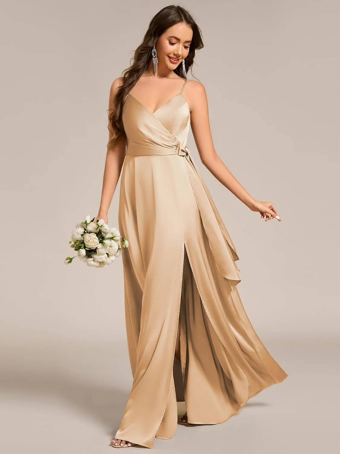 Ever-Pretty Women's Sexy Spaghetti Straps Ruched V Neck Floor Length Satin Formal Dress with Slit 02317