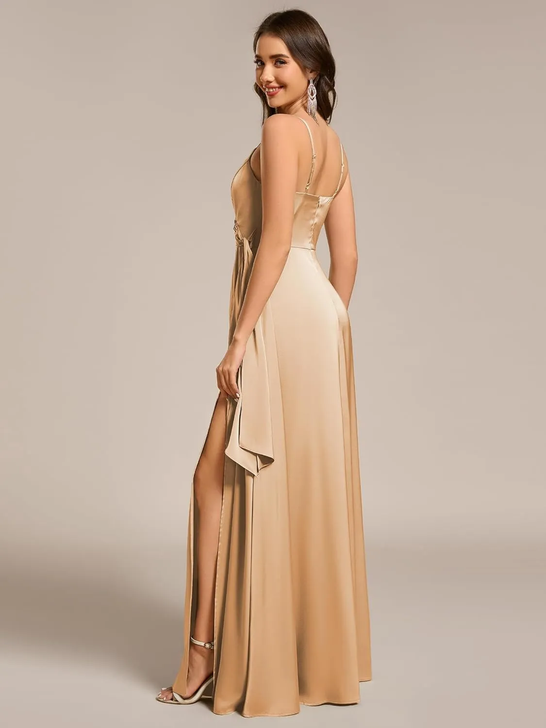 Ever-Pretty Women's Sexy Spaghetti Straps Ruched V Neck Floor Length Satin Formal Dress with Slit 02317