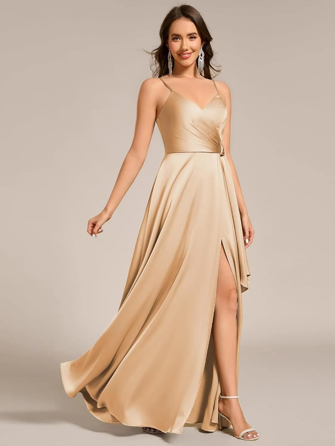 Ever-Pretty Women's Sexy Spaghetti Straps Ruched V Neck Floor Length Satin Formal Dress with Slit 02317