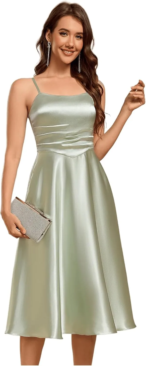 Ever-Pretty Women's Square Neck Sleeveless Satin Midi Pleated A Line Wedding Guest Dress with Pockets 02340