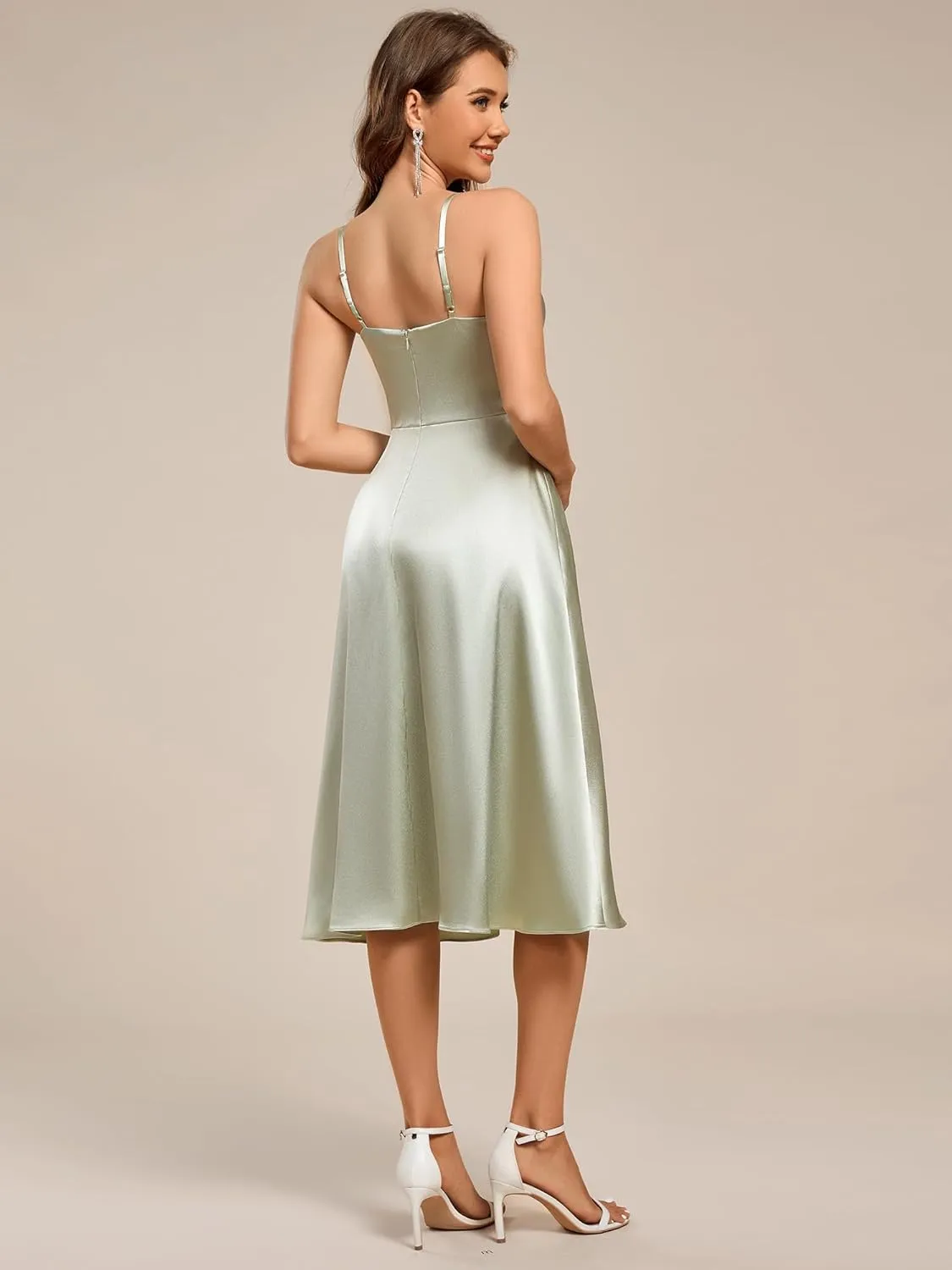Ever-Pretty Women's Square Neck Sleeveless Satin Midi Pleated A Line Wedding Guest Dress with Pockets 02340