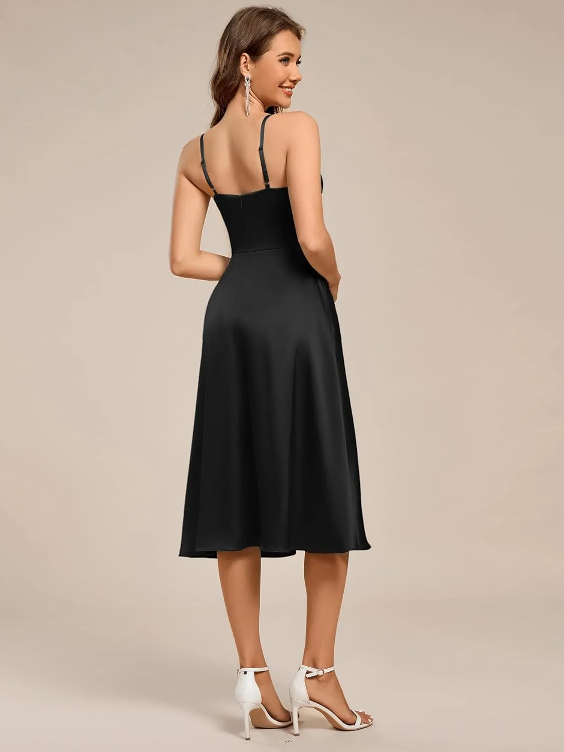 Ever-Pretty Women's Square Neck Sleeveless Satin Midi Pleated A Line Wedding Guest Dress with Pockets 02340