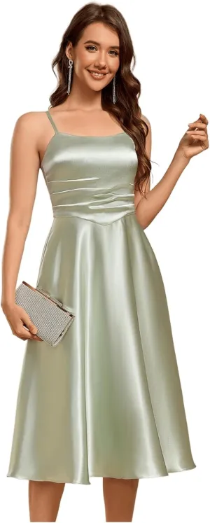 Ever-Pretty Women's Square Neck Sleeveless Satin Midi Pleated A Line Wedding Guest Dress with Pockets 02340
