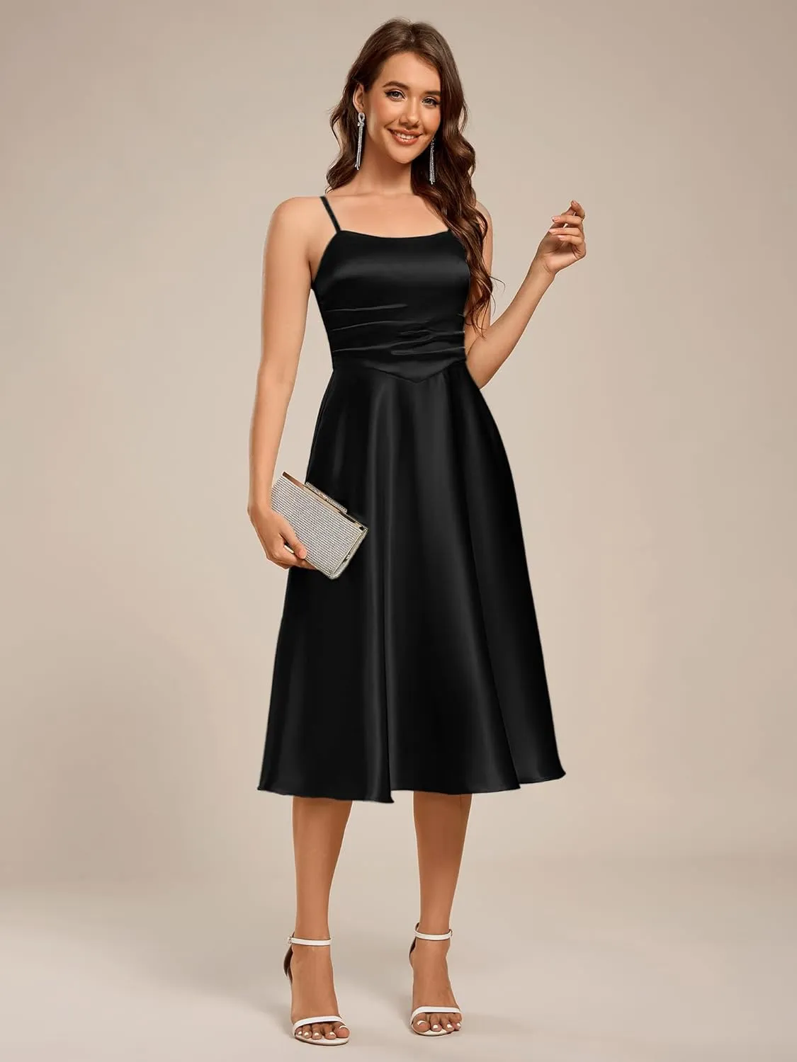 Ever-Pretty Women's Square Neck Sleeveless Satin Midi Pleated A Line Wedding Guest Dress with Pockets 02340