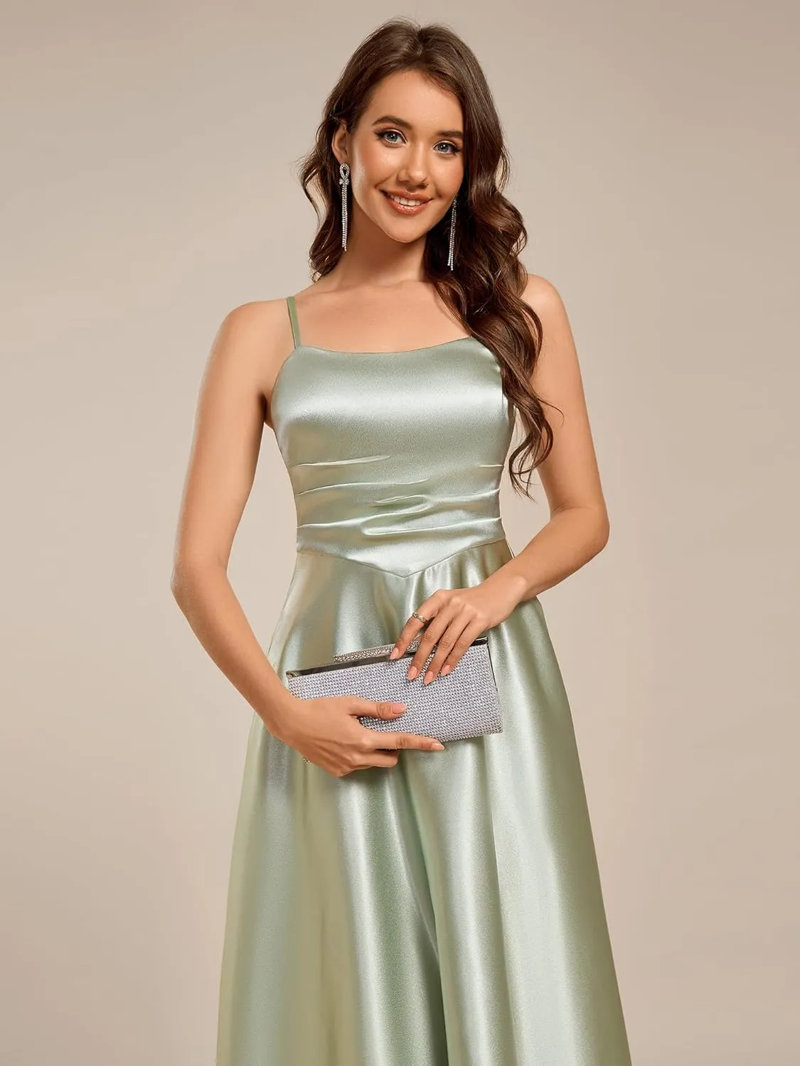 Ever-Pretty Women's Square Neck Sleeveless Satin Midi Pleated A Line Wedding Guest Dress with Pockets 02340