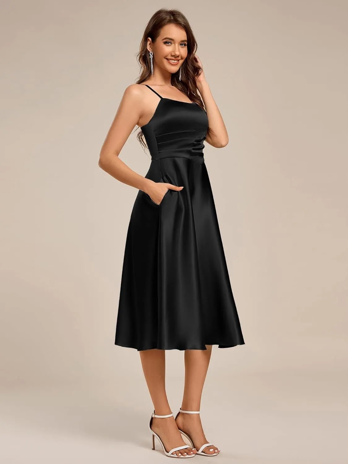 Ever-Pretty Women's Square Neck Sleeveless Satin Midi Pleated A Line Wedding Guest Dress with Pockets 02340